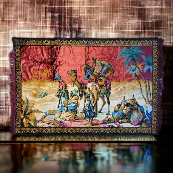Vintage Velvet Rug w/Three Wise Men and Camel Caravan - Picture 3 of 8